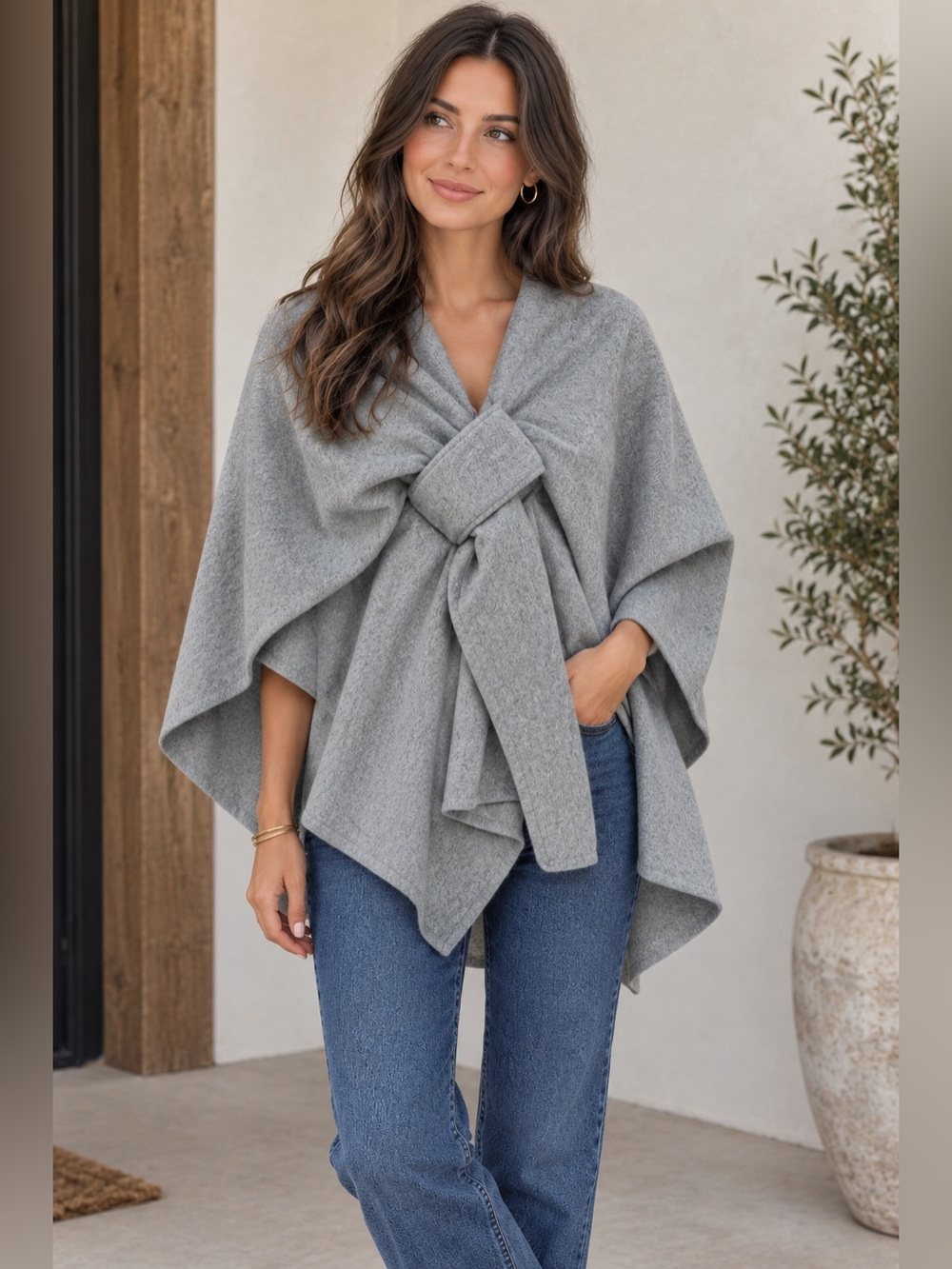 The Fleece Company Drape Blanket Shawl Gray O/S Cozy Boho Layering Poncho